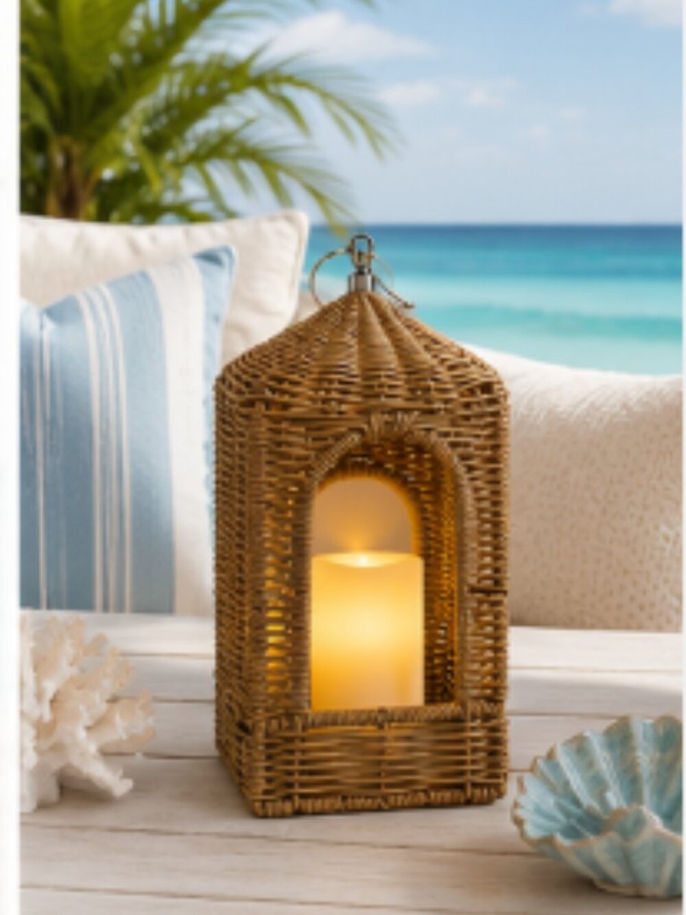 My Texas House Woven Rattan Lantern, Natural Boho Decor